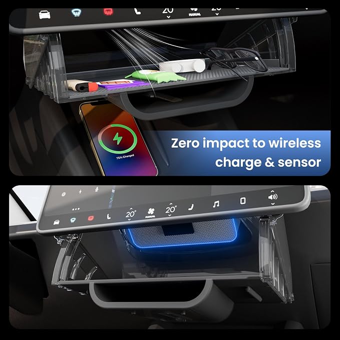 for Tesla Model Y Juniper & Model Y L Under Screen Storage Organizer 2025-2026/Model 3 Highland 2024-2026, Hideable Center Console Organizer Tray for Model Y Juniper Accessories, Black