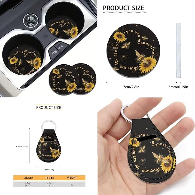 Xoenoiee Bee Sunflower Pattern Universal Car Seat Covers Full Set 11-pcs Car Interior Accessories, Car Coasters, Keychain, Steering Wheel Cover, Seat Belt Pad