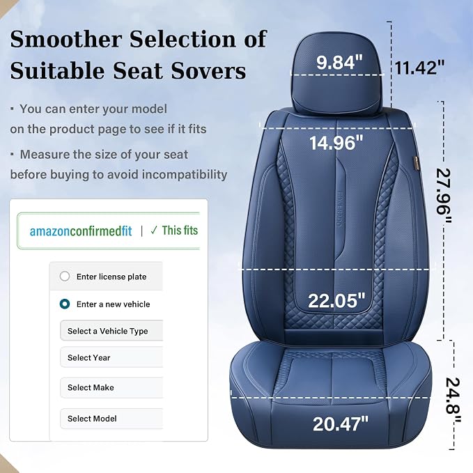 Coverado Car Seat Cover Front Seats, Blue Seat Covers Front Seats, Nappa Leather Waterproof, Car Seat Cushion, Car Seat Protector Universal Fit Most Cars