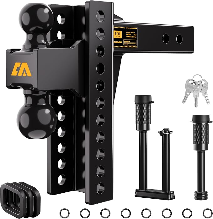 CAMMOO Adjustable Trailer Hitch, Tow Hitch Fits 2 inch Receiver, 8 inch Rise/Drop Hitch, 2" and 2-5/16" Ball Hitch, 20000 LBS GTW Truck Hitch with U-Shaped Alloy Steel Anti-Theft Pin, Black, ML-2080