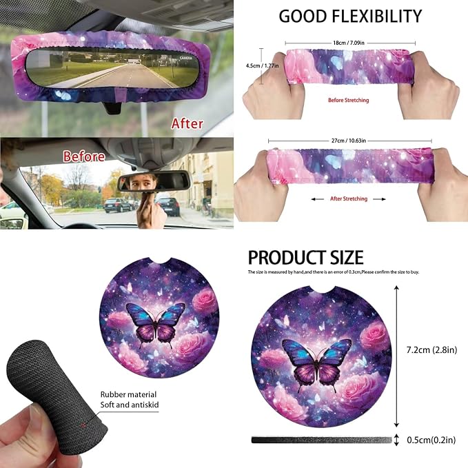 Purple Floral Car Aaccessories Full Set of 15 Pcs, Butterfly Car Seat Covers Set with Rear View Mirror Cover,Steering Wheel Covers,Car Trash Can with Lid for Women Man,Universal Fit