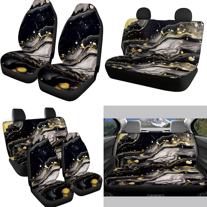 Black Marble Auto Seat Covers 12pcs Full Set Car Accessory Universal Fit Car Seatbelt Pads Steering Wheel Cover Armrest Cushion Keychain Marble Coaster for Car Durable Auto Interior Protector
