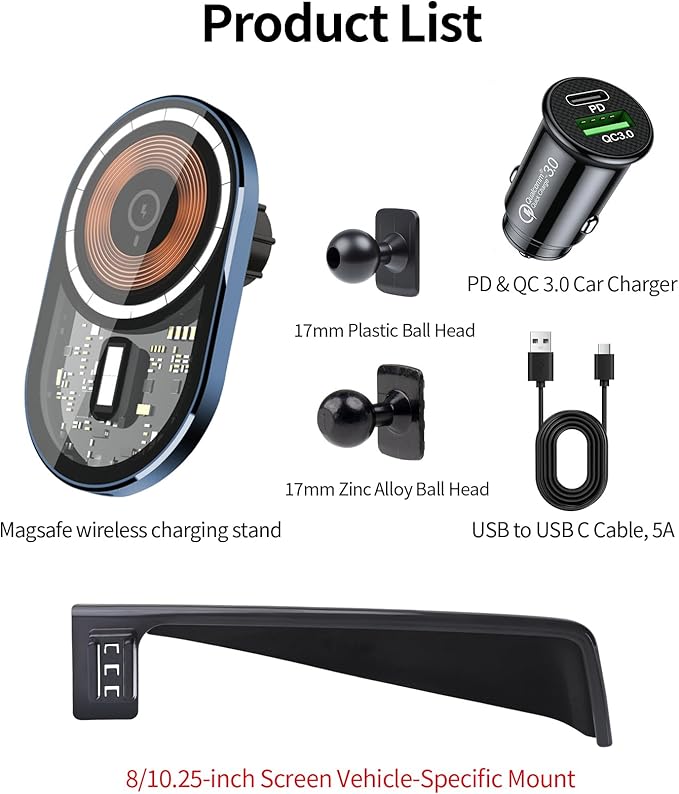 Wireless Charging Car Phone Holder for Hyundai Elantra/Hybrid 2021-2025 / Elantra N 2023-2025, 8/10.25" Screen Fixed Clip, 360° Rotation Car Phone Mount Compatible with MagSafe