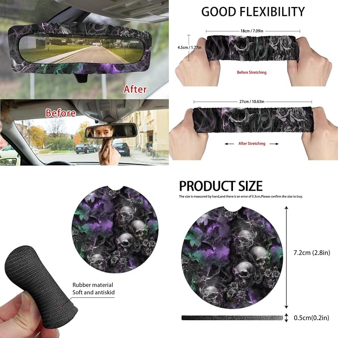 Goth Skull Car Seat Covers Set of 15 with Universal Steering Wheel Cover, Rearview Mirror Cover, Car Trash Can, Seatbelt Pads, Cup Holder Coasters, Keychains