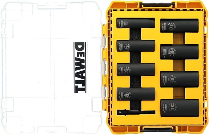 DEWALT 3/8 Impact Socket Set, 9 Pcs Deep Metric Socket Set, 6 point, 10 mm to 21 mm, Includes 1/4 inch Adapter, for Cordless and Corded Impact Drivers and Wrenches (DWAFSMSET9)