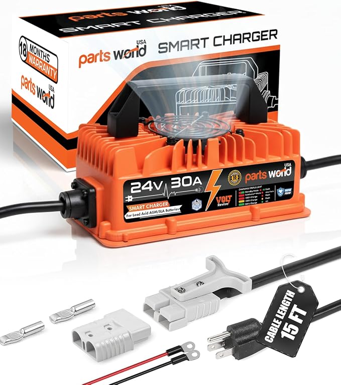 VoltRevive™ 24V 30A Lead-Acid Industrial Battery Charger for Forklifts, Pallet Jack, Scrubbers & Golf Carts | SB-50A Anderson Plug with Temp Sensor | Fast Charging with TrickleFlow™ | IP67 Waterproof