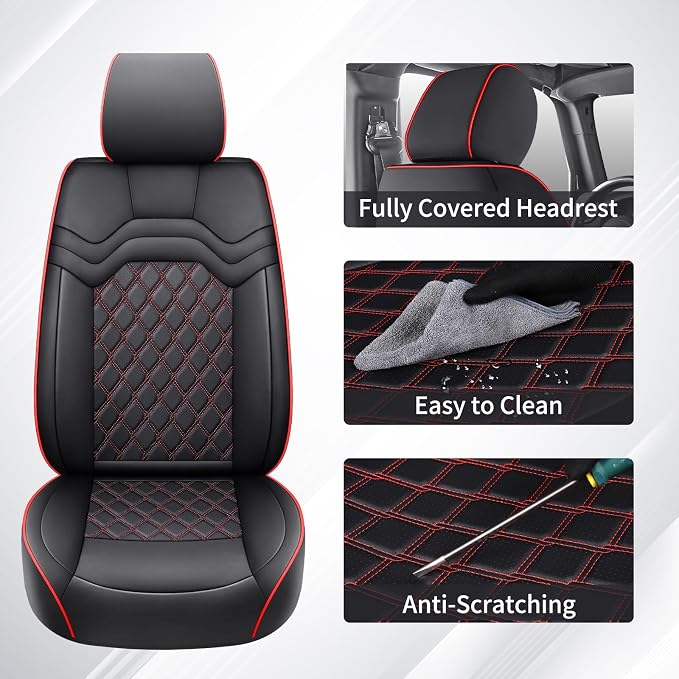Huidasource Seat Covers for Jeep Wrangler JL 2018-2026, Cupholder Compatible, Waterproof Leather Seat Cover Full Set for Jeep Wrangler JL 4-Door, Custom Fit Seat Cushion Covers (Full Set/Black&Red)