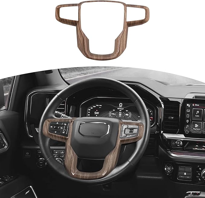 for Sierra Steering Wheel Panel Trim Sticker for GMC Sierra 2019 2020 2021 2022 2023 2024-Present Brown Wood Grain Interior Accessories 1pc
