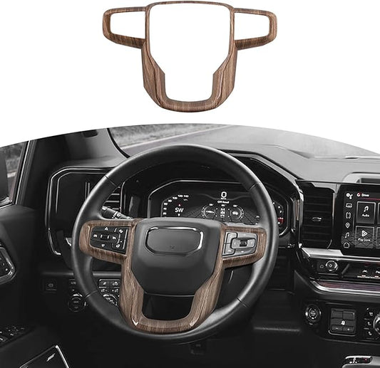 for Sierra Steering Wheel Panel Trim Sticker for GMC Sierra 2019 2020 2021 2022 2023 2024-Present Brown Wood Grain Interior Accessories 1pc