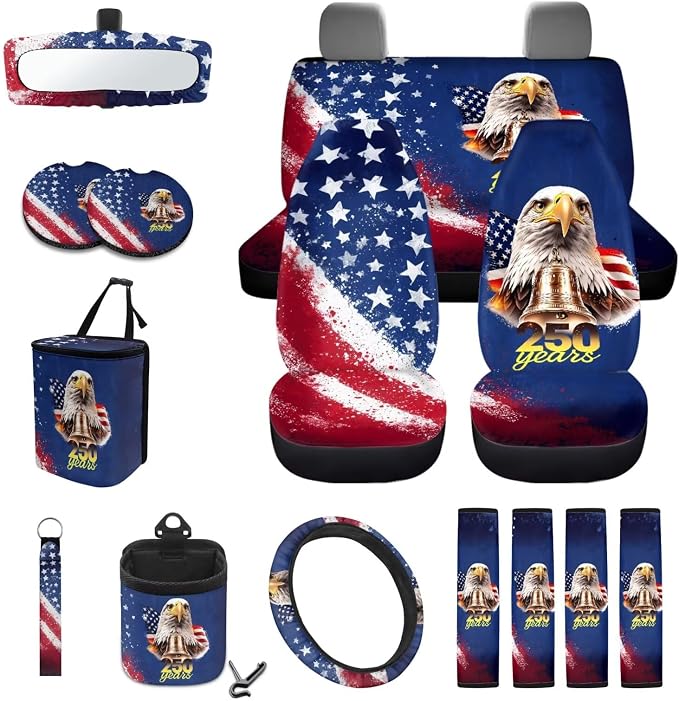 Wanyint 15 PCS Car Seat Covers Set, with Steering Wheel Rear View Mirror Seat Belt Cover Trash Bin Sunglass Pocket Coasters Key Chain US 250th Anniversary Car Accessories, American Flag Eagle Splash