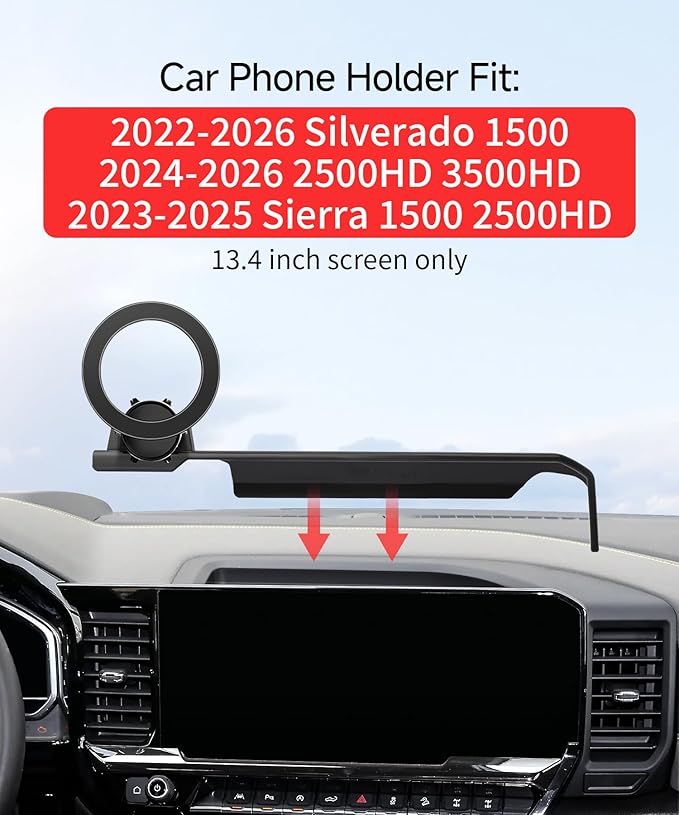 Car Phone Holder for 2022-2026 Chevrolet Silverado 1500/2024-2026 Silverado 2500HD/2023-2025 GMC Sierra 1500 2500HD Accessories 13.4-inch Screen Fixed Clip, 360° Rotation