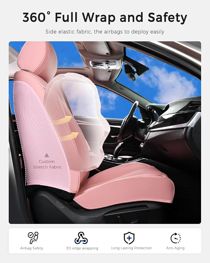Huidasource Universal Car Seat Cover, Car Seat Cover Set Nappa Leather with Lumbar Support, Side Elastic Fabric, Velcro Adjustable, Airbag, Ventilation, Universal Fit for Most Cars SUV Trucks, Pink