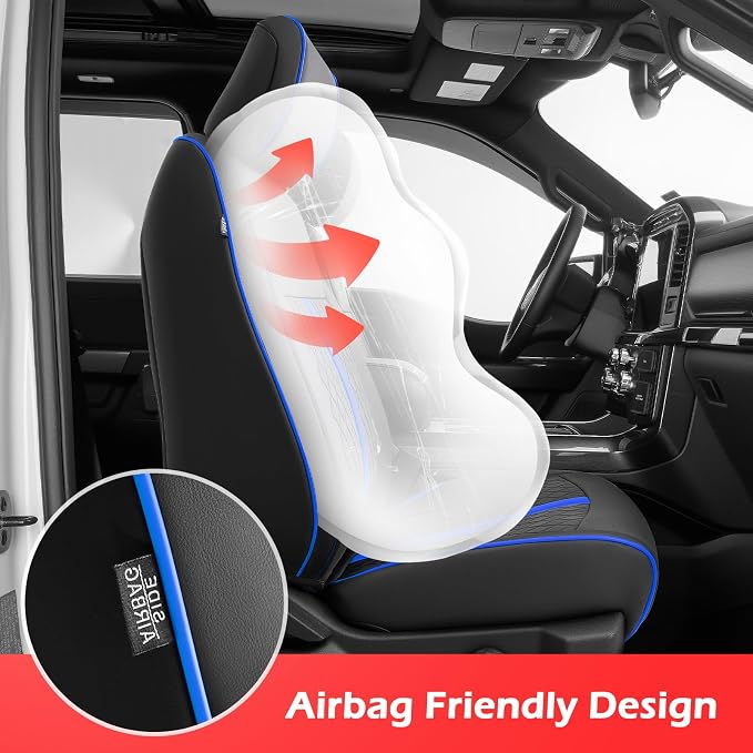 TAPTES Car Seat Covers Custom Fit for Ford F150 2015-2026, Only Front Row Set Leather Waterproof Protector Trucks Pickup Seat Cushion for F-150 SuperCrew XL XLT Interior Accessories 6Pcs Black & Blue
