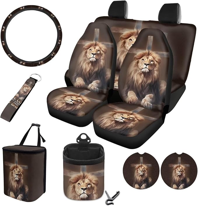 Lion Cross Print 10 Pack Car Accessories, Front and Rear Seat Covers Car Trash Bin Cup Holders Lanyard Keychain Air Vent Storage Bag Steering Wheel Cover Car Interior Decor Fit Most Cars
