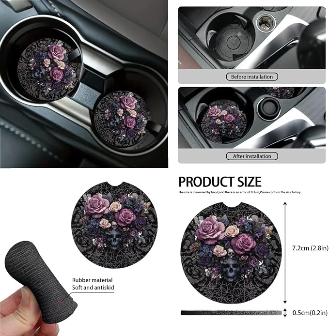 Skull Rose Print Car Seat Covers Full Set with Accessories for Women, Decorative Auto Accessories Include Steering Wheel Cover Safety Belt Pads Rearview Mirror Cover Cup Mats