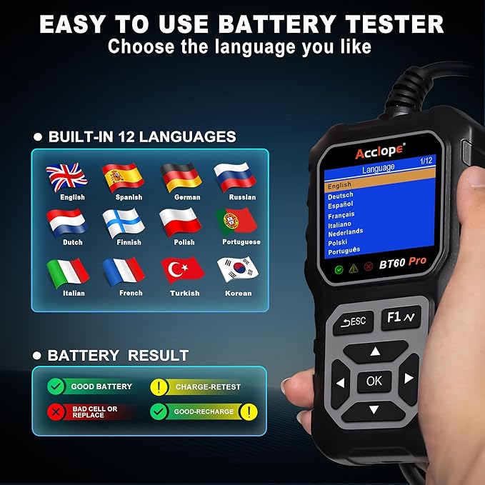 BT60 PRO Car Battery Tester 6V/12V/24V, 2–120Ah, 100–3000 CCA, AGM/Gel/Lithium, Alternator & Starter/Charging System Analyzer, QR Cloud Report (No App), Digital Checker