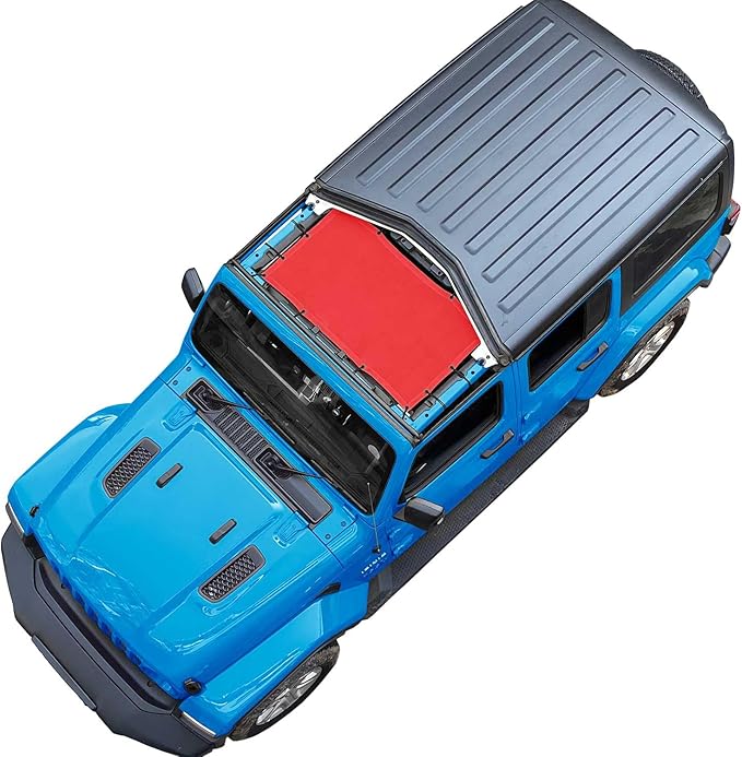 JT JL Top Sun Shade Roof Compatible with Jeep Wrangler and Gladiator 2 or 4 Door 2018 to 2023 Sunshade Sunroof Blocks UV Wind Noise Cherry Red Mesh for Front
