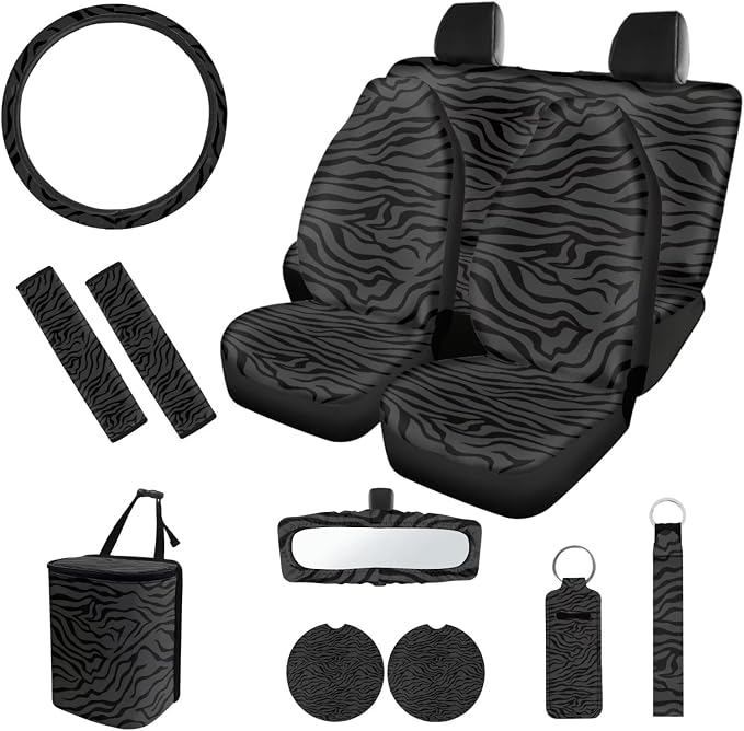 Black Zebra Car Seat Covers Set of 12 Steering Wheel Cover Seat Belt Pads Car Trash Can Car Rear View Mirror Cover Car Cup Coasters Universal Vehicle Accessories Car Interior Automotive