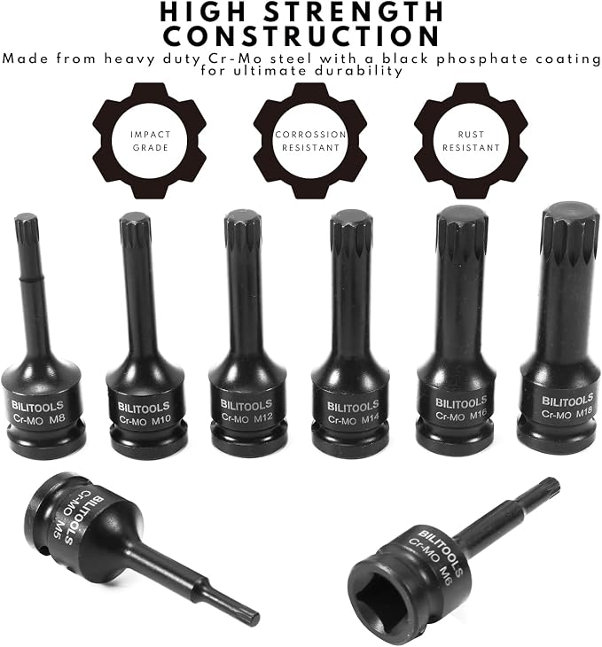 BILITOOLS 3/4 inch Drive Extension Set & 8-Piece Impact XZN Triple Square Spline Bit Socket Set 1/2 inch Drive, M5-M18, Cr-Mo Steel