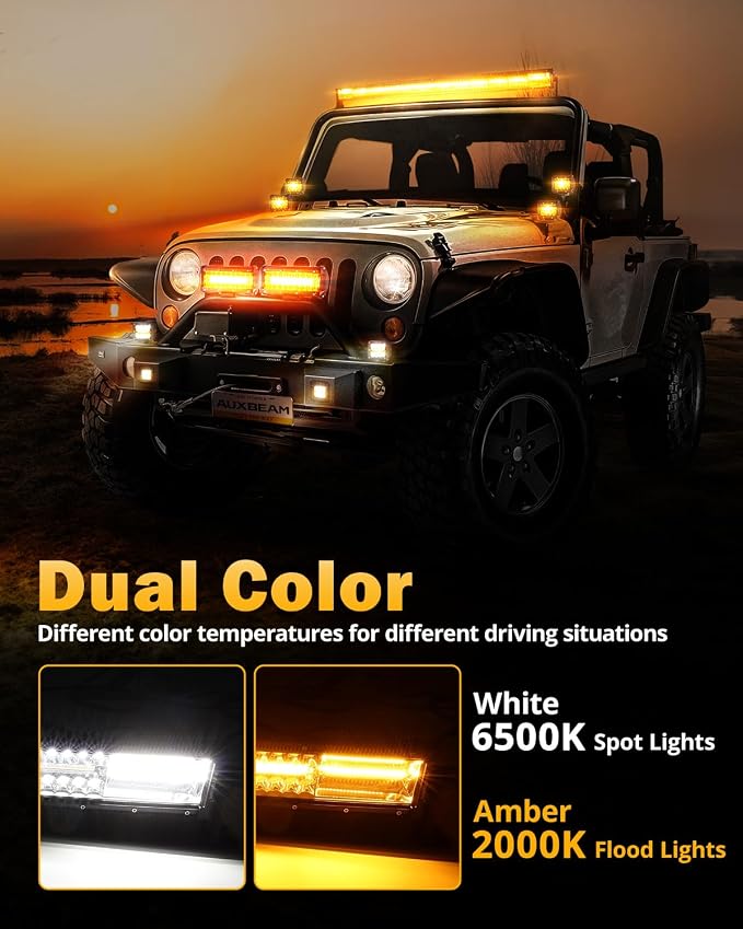 Auxbeam 6 Modes Amber White Series 50 Inch Curved LED Light Bar | 2-color option, 288W high power, Multi-funtion, Spot flood combo, Driving fog light, offroad strobe light, for Jeep trucks