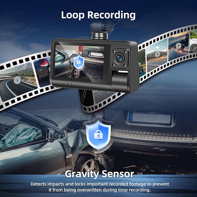 NHOPEEW 3 Channel Dash Cam for Cars, Dash Cam Front and Rear Inside, Bulit-in WiFi: 3 inch IPS Screen, 1080P Triple Dash Camera with 64GB Card, G-Sensor, Loop Record, Night Vision + Rearview Camera