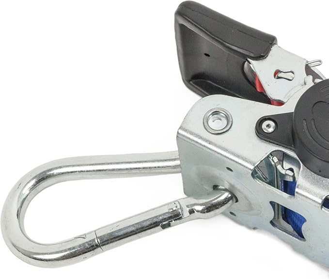 PowerTye - 2 inch x 6ft Long Retractable Ratchet Tie Down Strap with Carabiner and Latch-Hook - Self-Retracting Ratchet, 800 lb W.L.L., Ideal for Motorcycle, ATV, Cargo, Boats, Blue (Pair)