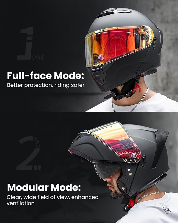 ILM Modular Motorcycle Helmet for Adults Full Face Flip up Riding with Dual Visor Street Bike Racing DOT Model MM966 (Matte Black Red, M)