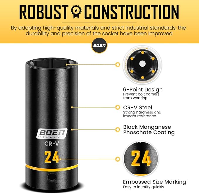 boen 1/2" Drive Impact Socket Set, 36PCS Metric (10-24mm) Deep & Shallow Sockets, 6 Point Design, with Extension Bars, Adapters, Universal Joint, Yellow Embossed Marking