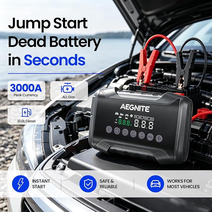Jump Starter with 150PSI Air Compressor, Multi-Functional Portable Car Battery Booster for Vehicle Battery Jump Start, 4 in 1 Tire Inflation, Device Charging and LED Light