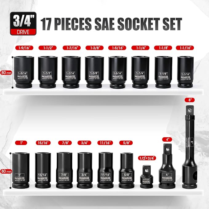 3/4" Drive SAE Deep Impact Socket Set, 17 Piece Jumbo Socket Assortment Size: 5/8" - 1-9/16 ", 6-Point Design, Include 1/2" F to 3/4" M Adapter, 4", 8" Extension Bars, CR-MO Steel