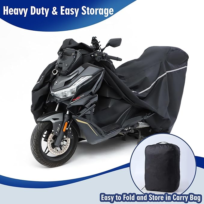 Motorcycle Cover 600D Heavy Duty Waterproof Outdoor All Season Protection Durable Rain UV Windproof Elastic Hem Storage Bag&Night Reflective Vehicle Covers Fit up to 104" Motorcycles