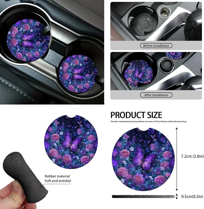Purple Rose Butterfly Car Seat Covers Full Set for Women Cute Car Accessories Seat Cover with Wheel Cover Seatbelt Covers Car Coasters Trash Can Car Headrest Pillow Covers Armrest Pad