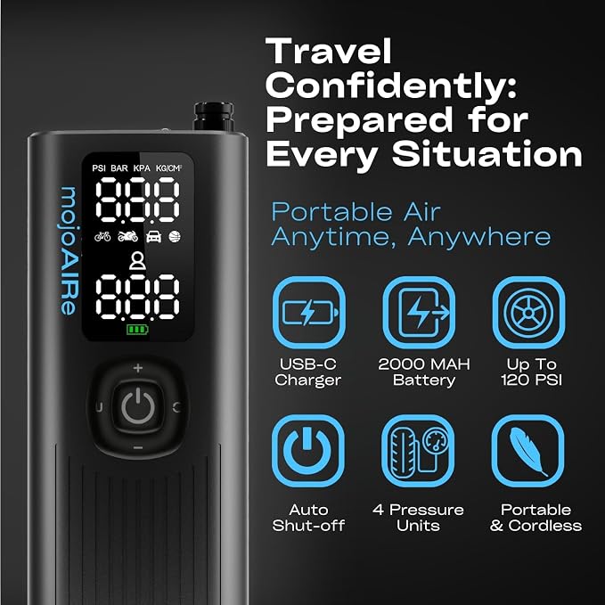 Tire Inflator Gauge Portable Air Compressor, Digital LED Display & Flashlight, 120 PSI/ 2x 2000 mAh Battery for Car Tires, Motorcycle, Bicycle - Cordless Tire Pump with Tire Pressure Gauge