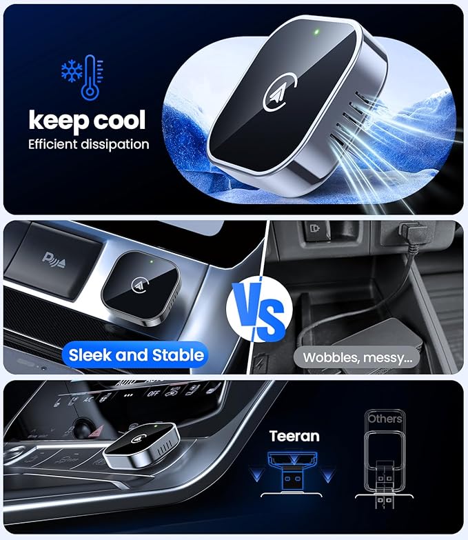 Teeran 2 in 1 Wireless CarPlay and Android Auto Adapter, Easy Setup Plug and Play, Fast Seamless Use Supports 1000+ Cars with Built-in Wired Car Play/Android Auto Compact Sleek Design Car Adapter