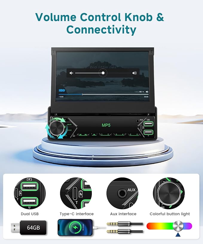 Single Din Flip Out Radio with Wireless/Wired Carplay Android Auto,Sellrich 7" IPS Touchscreen Stereo Single Din Flip Out Radio with YouTube BT Mirror Link FM USB/AUX/Type-C Ports SWC Backup Camera