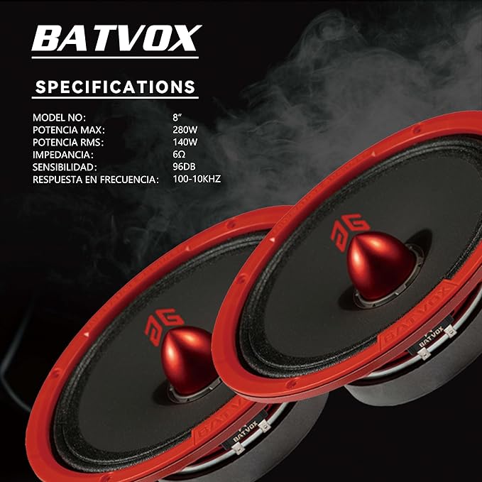 MX80E1 Loudspeaker 8 Inch Midrange 560 Watts 6 Ohms Red Bullet, Premium Quality Audio Door Speakers for Car or Truck Stereo Sound System, Red (2 Speakers)