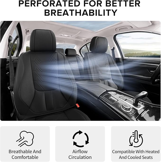 CAPITAUTO Car Seat Covers Full Set, Black Seat Covers for Car with Lumbar Support, Faux Leather Waterproof Seat Covers 5 Seats, Breathable Automotive Seat Covers Fit for Most Cars SUV Truck