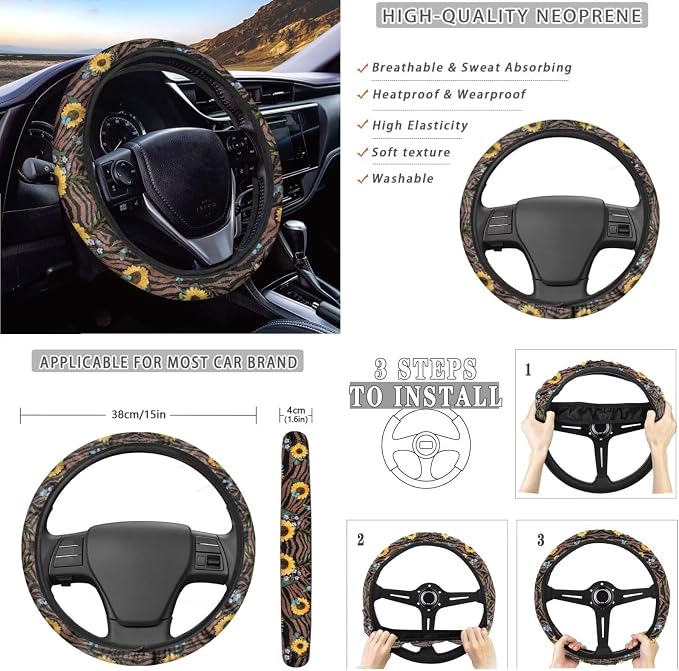Sunflower Butterfly Stripe Print 10 Pcs Car Accessories, Car Front and Rear Seat Covers Full Set Steering Wheel Cover Air Vent Pounch Box Car Rubbish Bin Cup Coasters Keychain for Women Men