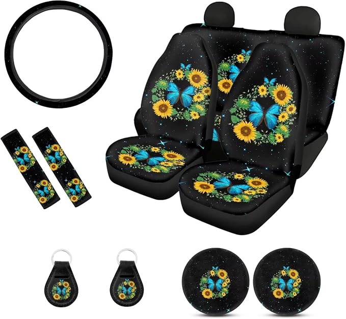 Suobstales 11 Pieces Car Accessories Set Sunflower Butterfly Seat Cover for Car, Universal Steering Wheel Cover +Seat Belt Pads+Cup Holder Coasters+Auto Keychains for Women Girly