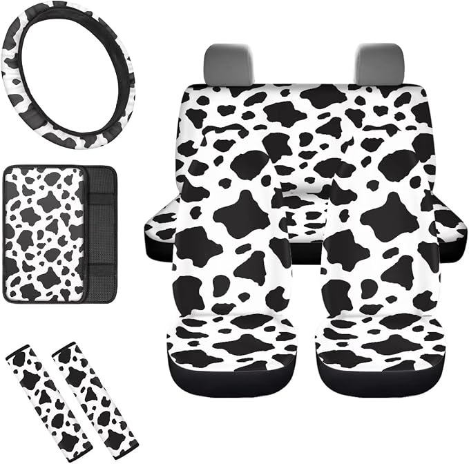 Mumeson Classic Cow Print Car Seat Covers Set with Steering Wheel Cover + Safety Seat Belt Pads + Armrest Cushion Pad for Car 8 Pack Car Accessories Decor for Womens Mens Universal Car Seat Covers