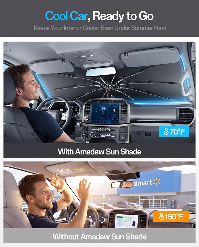 Truck Windshield Sun Shade Umbrella for F-150/Silverado/Tundra/RAM 1500/Sierra & More,100% UV Block & Heat Insulation,Keeps Car Cool, Easy Storage with Bag, XL Size(65" x 35")