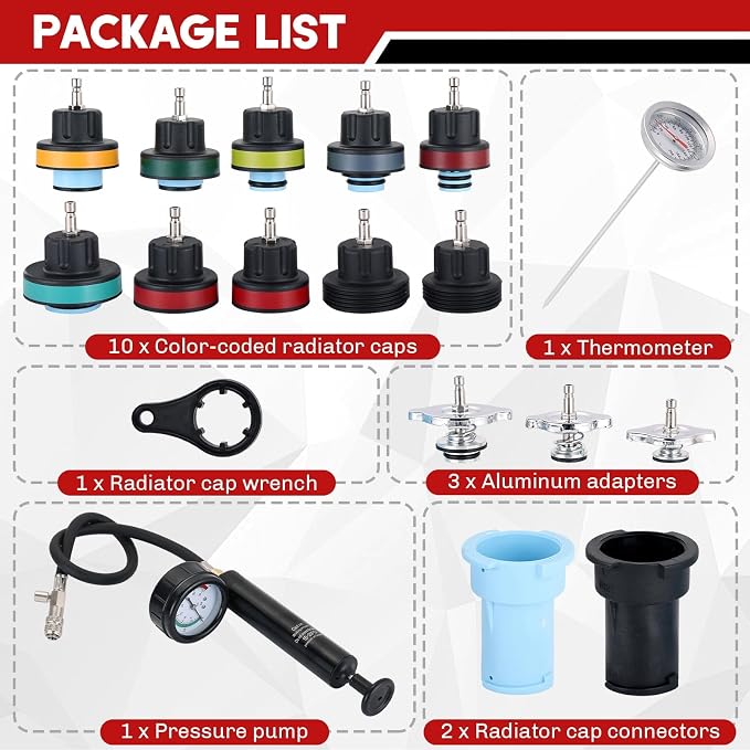 18PCS Radiator Pump Pressure Tester Kit | Coolant Pressure Tester Kit Cooling System Pressure Tester Kit for Automotive Cooling System Water Tank Leakage Detection