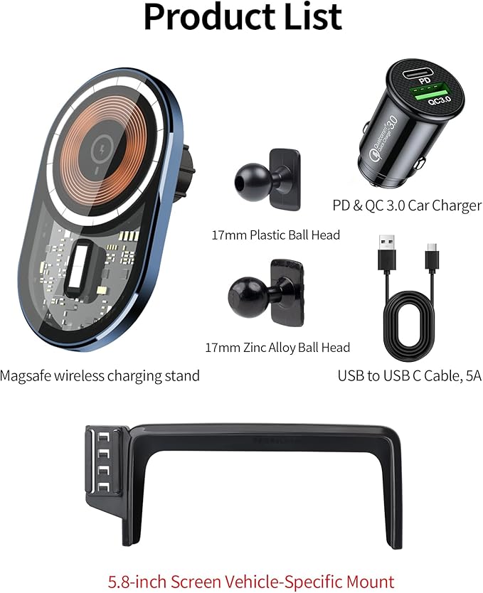 Wireless Charging Car Phone Holder for Mercedes Benz GLA-Class 2015 / CLA-Class 2015, 5.8" Screen Fixed Clip, 360° Rotation Car Phone Mount Compatible with MagSafe