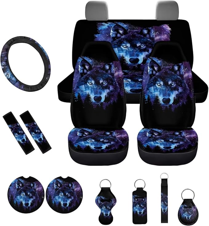 Wolf Forest Galaxy Pattern Car Accessories Car Seat Covers Full Set with Steering Wheel Covers+Seat Belt Pads+Coasters+Keychain+Lipstick Holder Universal Fit(13 Pack)