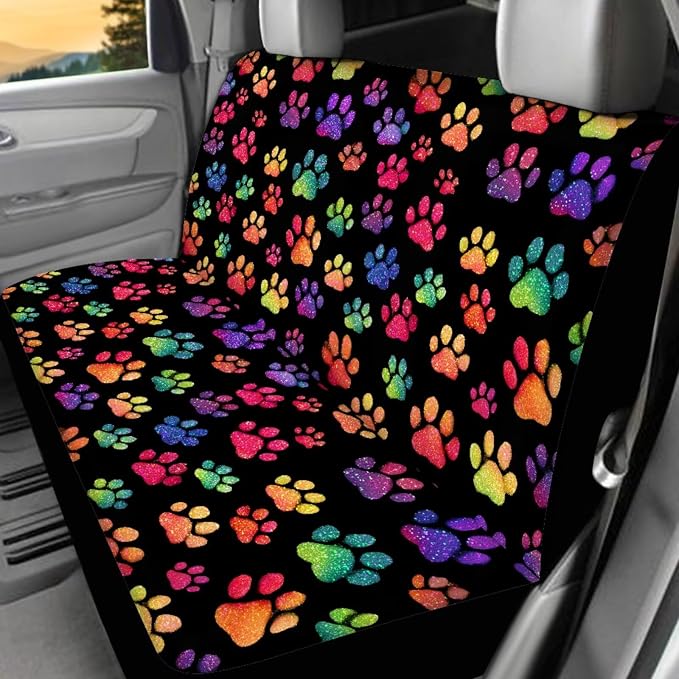 Dog Paw Prints Car Seat Covers Full Sets of 17 Pack,Colorful Dog Paw Prints Car Accessories Sets with Car Rubber Floor Mats,Steering Wheel Car Covers,Cup Coasters,Seat Belt Pads,Universal Fit