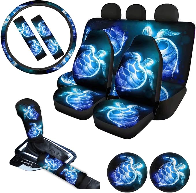 AFPANQZ 11Pack Sea Turtles Car Accessories Set Car Seat Covers Full Set with Steering Wheel Cover/Car Coaster/Handbrake Gear Shift Knob Covers/Seat Belt Shoulder Pads Auto Decoration Women Men