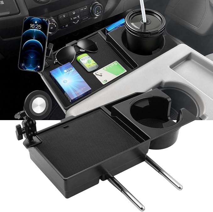 FIILINES Front Center Seat Headrest Organizer for 2011-2025 Ford F150 F250 F350 F450 F550 F650 Accessories, Coin Storage Box with Phone Holder and Large-Capacity Cup Holder (Jump Seat Only)