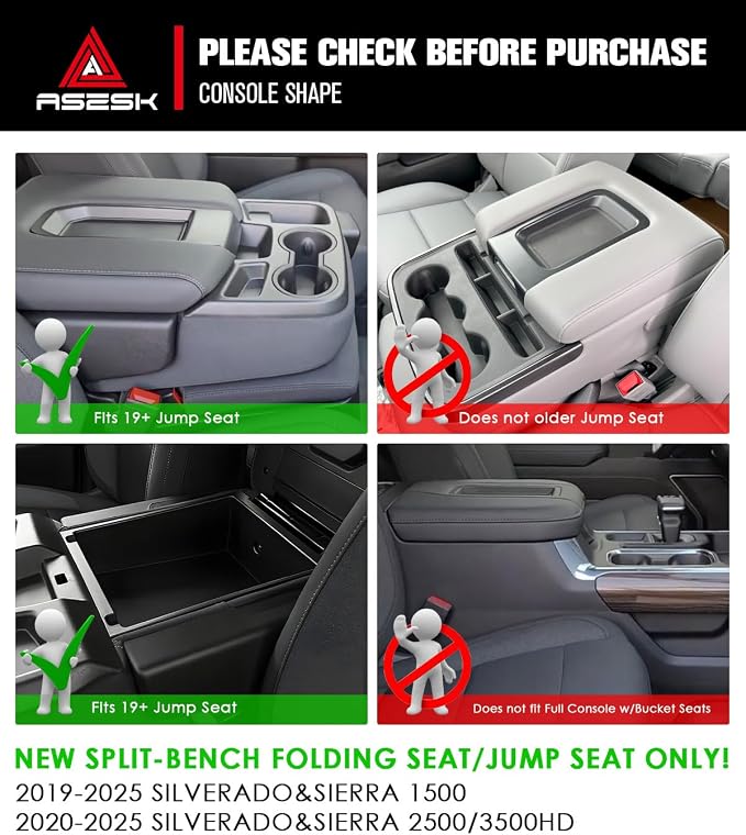 For 2019-2026 Chevy Silverado/Sierra 1500& 2020-2026 Silverado 2500HD 3500HD (Split-Bench Folding Seat) Center Console Upper Center Console Organizer ABS Materials