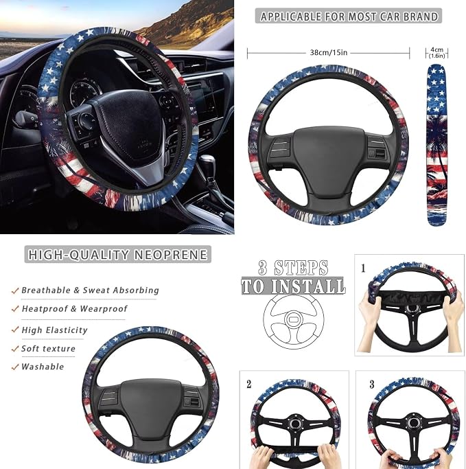 Wanyint Car Seat Cover Full Set 12 PCS, with Steering Wheel Seat Belt Strap Armrest Pad Handbrake Cover Gear Shift Cover Coasters Universal Fit for 4th of July, Hawaiian Palm Tree US Flag