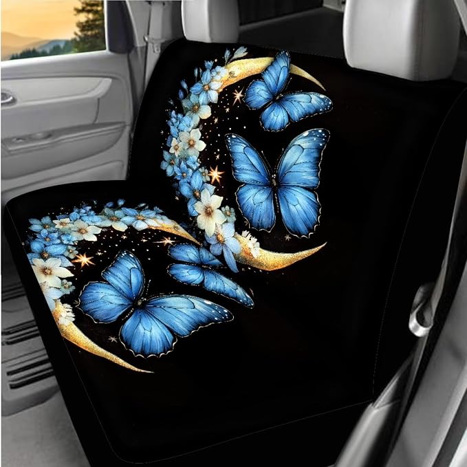 BIGCARJOB 15 Pcs Butterfly Car Interior Sets Moon Butterfly Car Seat Cover Full Set Vehicle Bucket Seat Cover Full Set Trash Can Car Seat Headrest Pillow Cover Seat Belt Pads